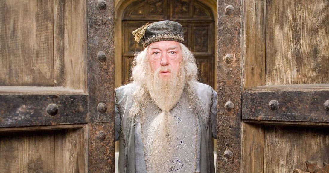 Dumbledore is a different view on leadership styles in movies. The photo shows the character opening a big two-sided wooden door.